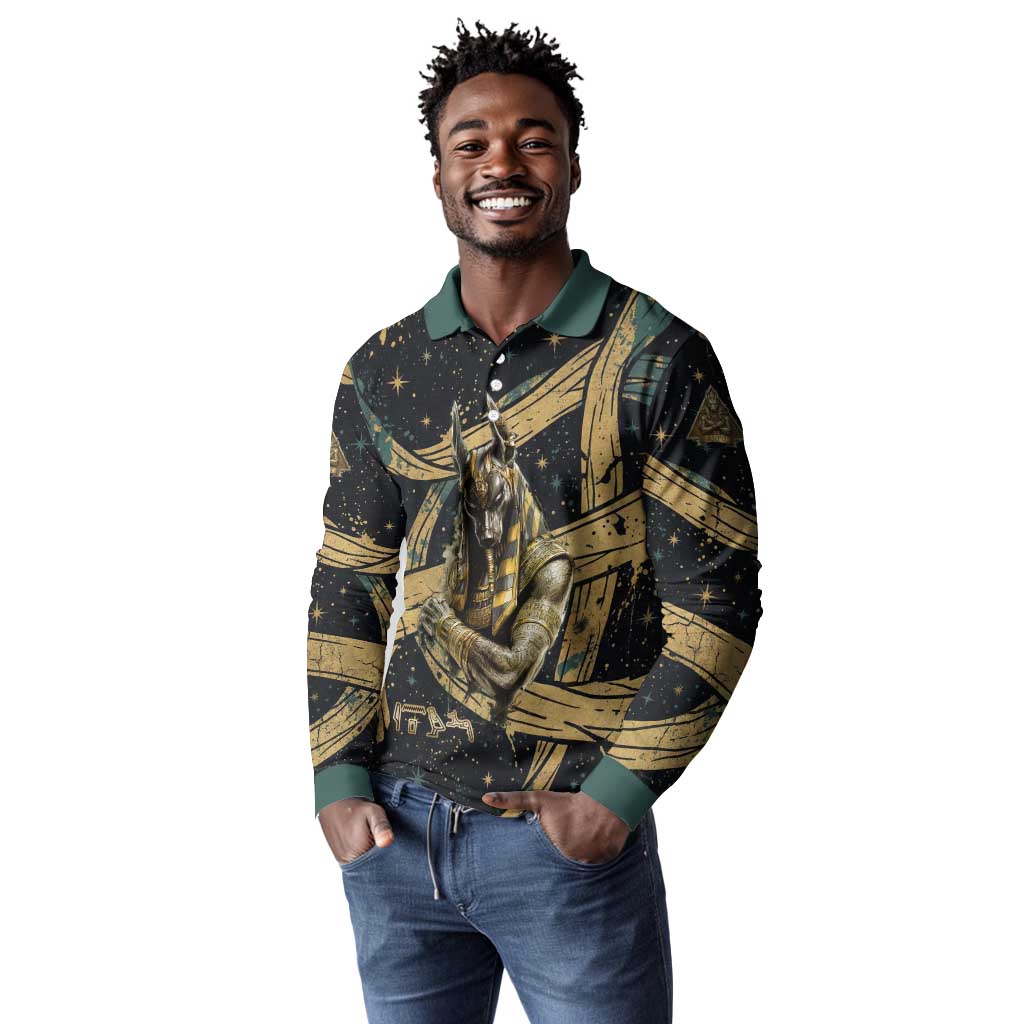 Anubis Ancient Egyptian Long Sleeve Polo Shirt with Starry Mummy Wrap Pattern, Anubis Warrior Illustration, and Pyramid - Wonder Print Shop