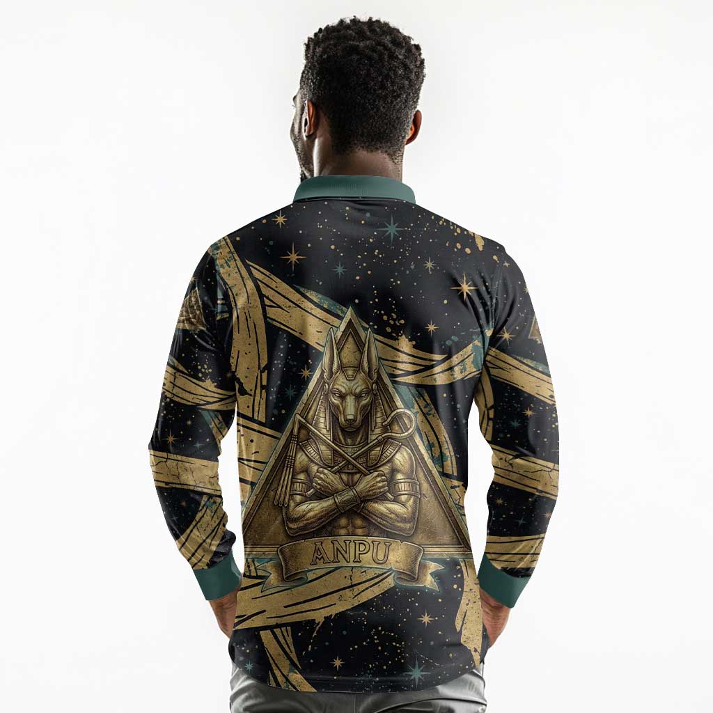 Anubis Ancient Egyptian Long Sleeve Polo Shirt with Starry Mummy Wrap Pattern, Anubis Warrior Illustration, and Pyramid - Wonder Print Shop