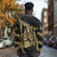 Anubis Ancient Egyptian Long Sleeve Shirt with Starry Mummy Wrap Pattern, Anubis Warrior Illustration, and Pyramid - Wonder Print Shop
