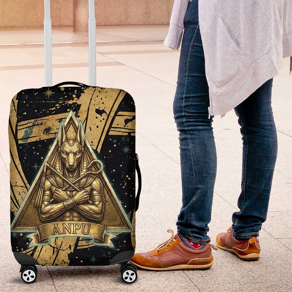Anubis Ancient Egyptian Luggage Cover with Starry Mummy Wrap Pattern, Anubis Warrior Illustration, and Pyramid - Wonder Print Shop