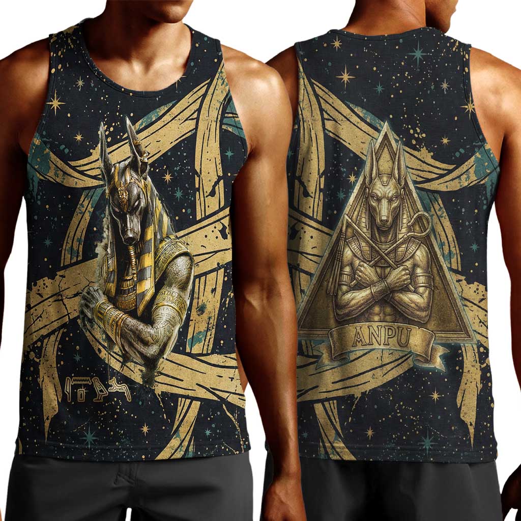 Anubis Ancient Egyptian Men Tank Top with Starry Mummy Wrap Pattern, Anubis Warrior Illustration, and Pyramid - Wonder Print Shop