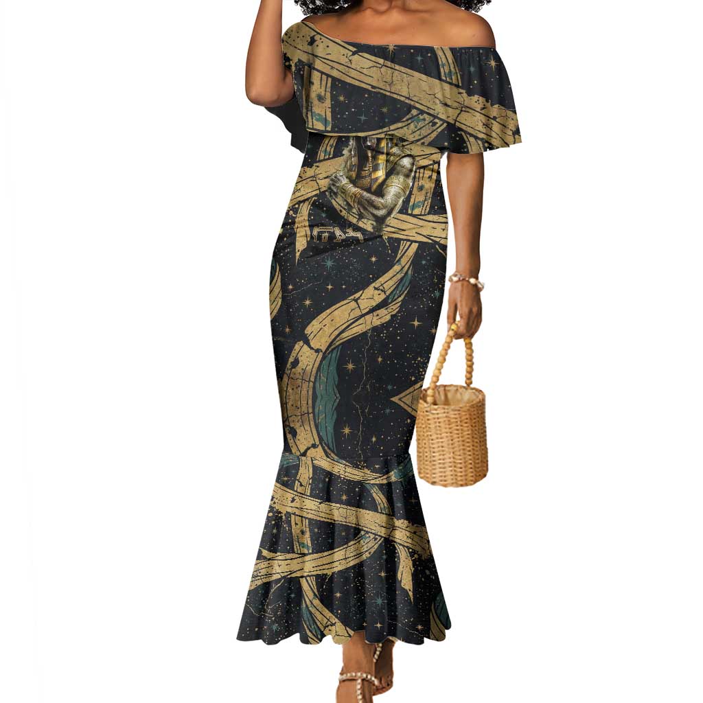 Anubis Ancient Egyptian Mermaid Dress with Starry Mummy Wrap Pattern, Anubis Warrior Illustration, and Pyramid - Wonder Print Shop