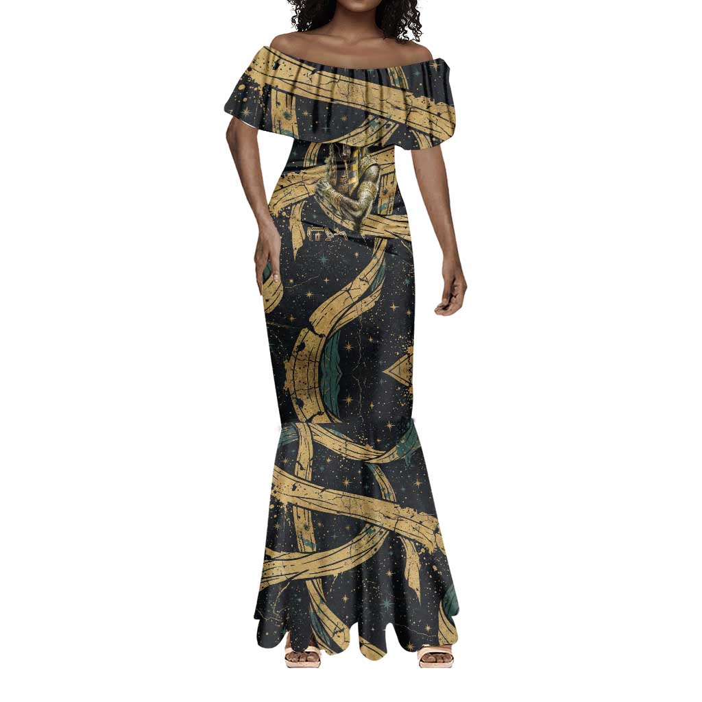 Anubis Ancient Egyptian Mermaid Dress with Starry Mummy Wrap Pattern, Anubis Warrior Illustration, and Pyramid - Wonder Print Shop