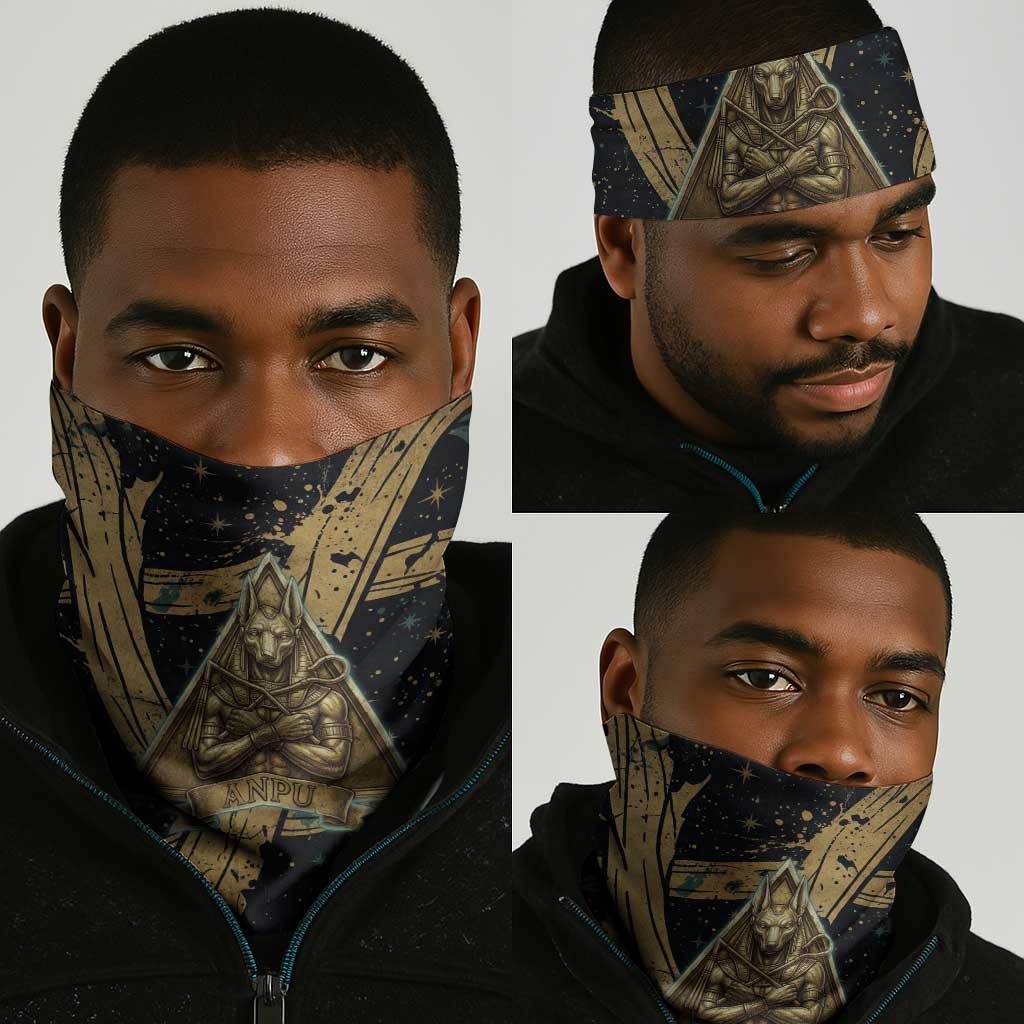 Anubis Ancient Egyptian Neck Gaiter with Starry Mummy Wrap Pattern, Anubis Warrior Illustration, and Pyramid - Wonder Print Shop