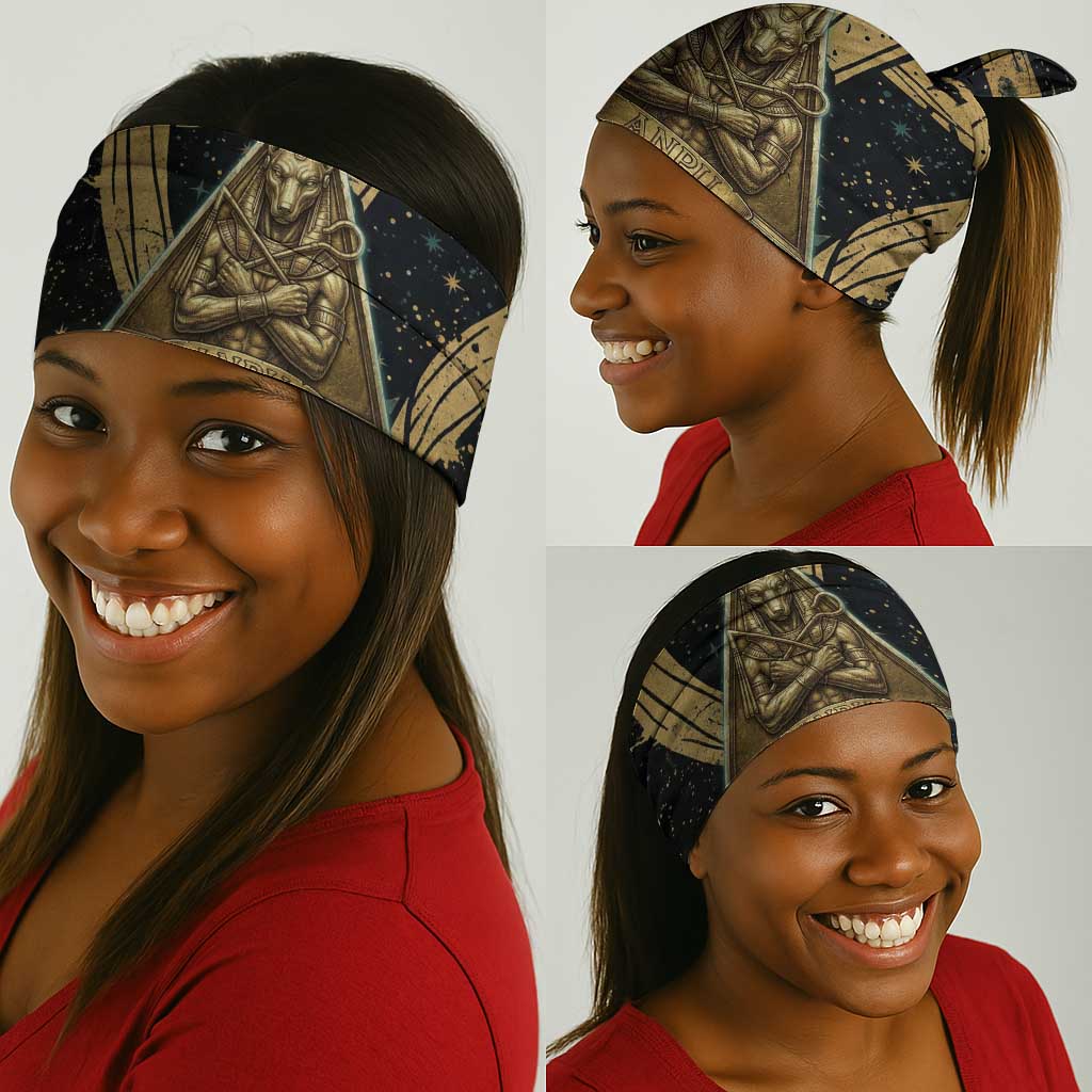 Anubis Ancient Egyptian Neck Gaiter with Starry Mummy Wrap Pattern, Anubis Warrior Illustration, and Pyramid - Wonder Print Shop