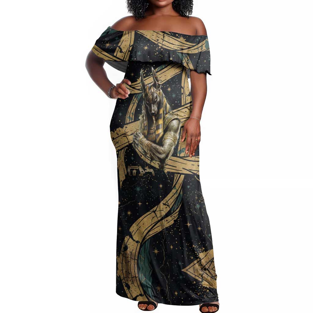 Anubis Ancient Egyptian Off Shoulder Maxi Dress with Starry Mummy Wrap Pattern, Anubis Warrior Illustration, and Pyramid - Wonder Print Shop