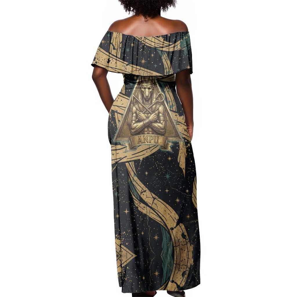 Anubis Ancient Egyptian Off Shoulder Maxi Dress with Starry Mummy Wrap Pattern, Anubis Warrior Illustration, and Pyramid - Wonder Print Shop