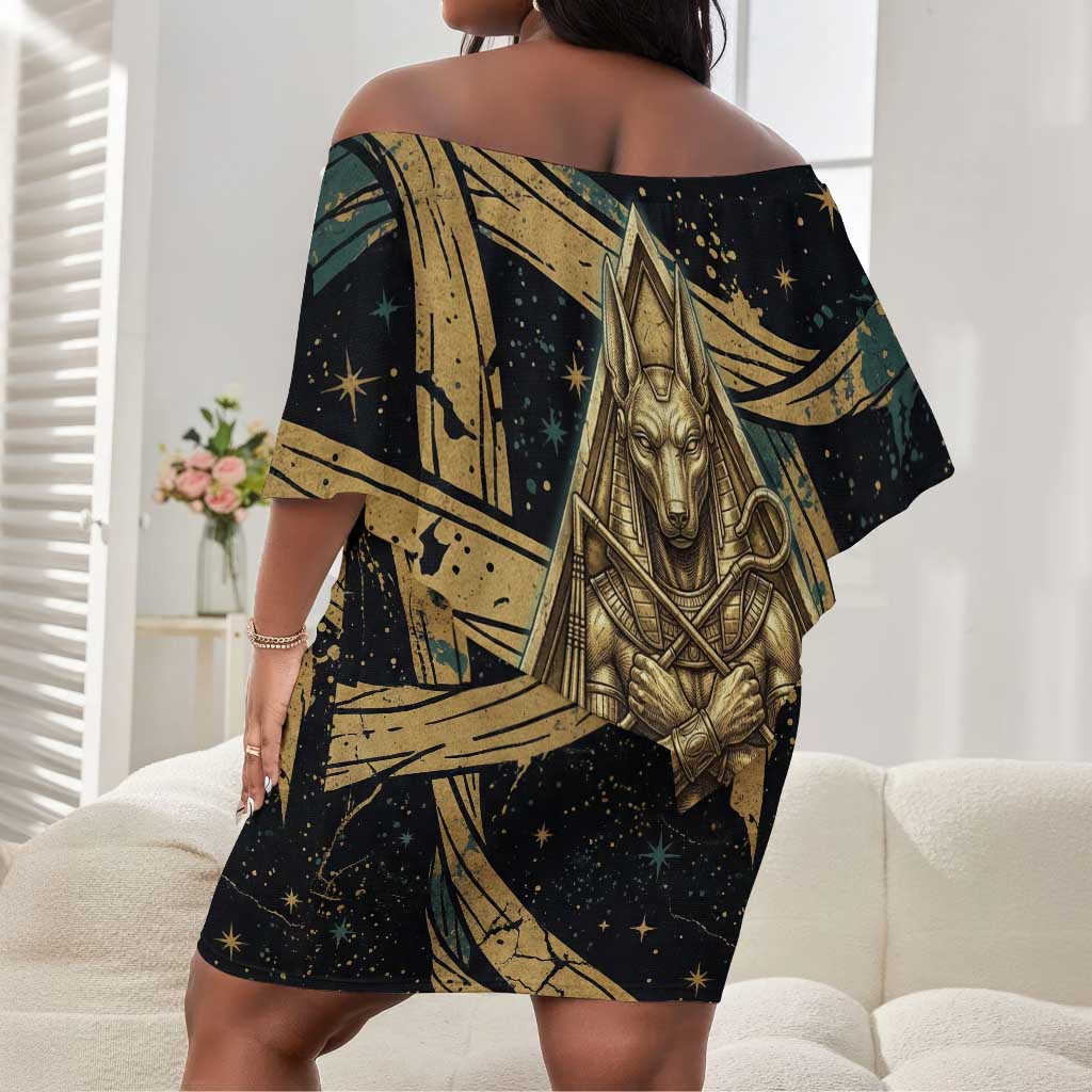 Anubis Ancient Egyptian Off Shoulder Short Dress with Starry Mummy Wrap Pattern, Anubis Warrior Illustration, and Pyramid - Wonder Print Shop
