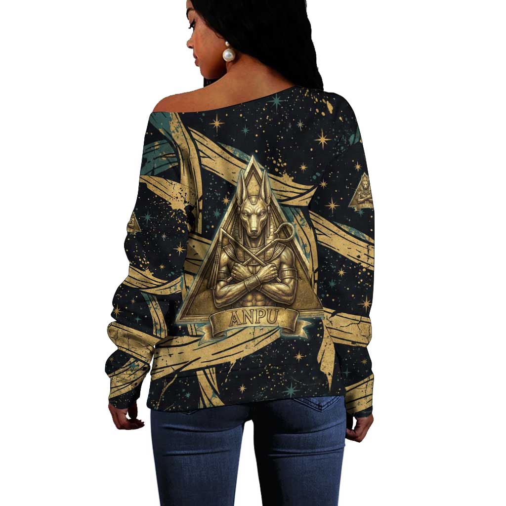 Anubis Ancient Egyptian Off Shoulder Sweater with Starry Mummy Wrap Pattern, Anubis Warrior Illustration, and Pyramid - Wonder Print Shop