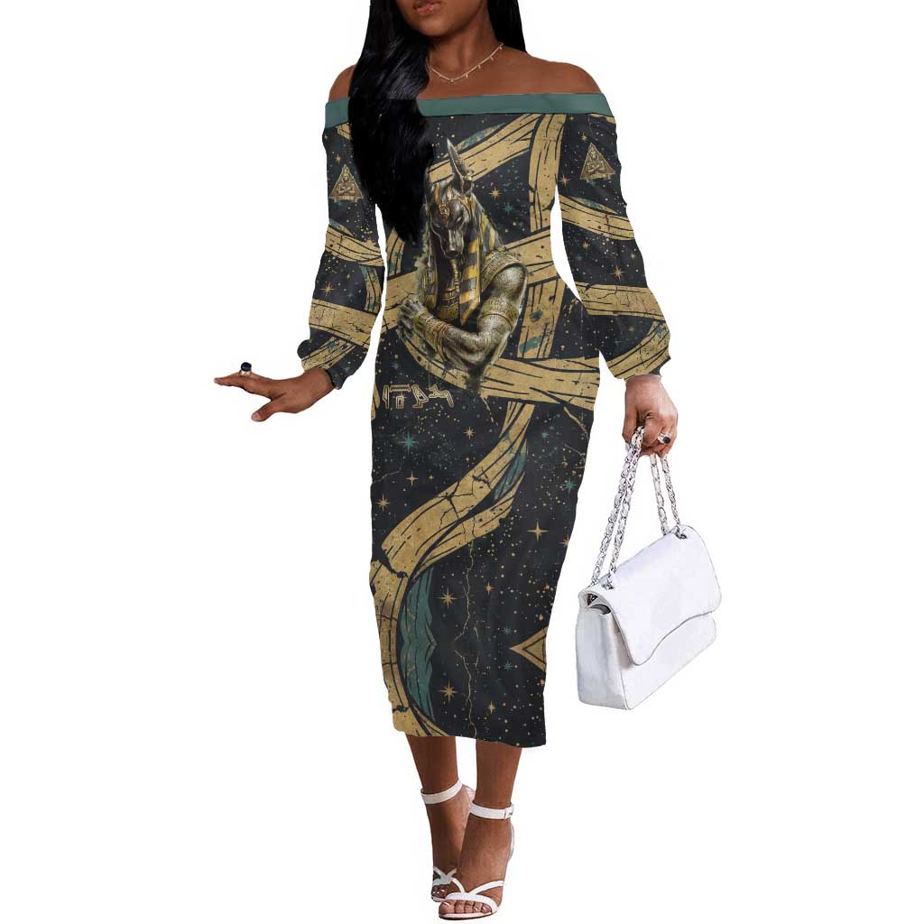 Anubis Ancient Egyptian Off The Shoulder Long Sleeve Dress with Starry Mummy Wrap Pattern, Anubis Warrior Illustration, and Pyramid - Wonder Print Shop