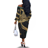 Anubis Ancient Egyptian Off The Shoulder Long Sleeve Dress with Starry Mummy Wrap Pattern, Anubis Warrior Illustration, and Pyramid - Wonder Print Shop