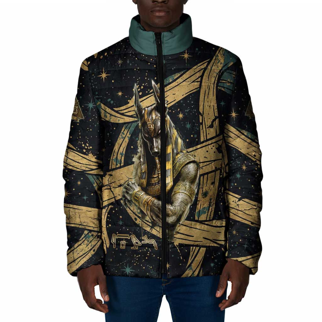 Anubis Ancient Egyptian Padded Jacket with Starry Mummy Wrap Pattern, Anubis Warrior Illustration, and Pyramid - Wonder Print Shop
