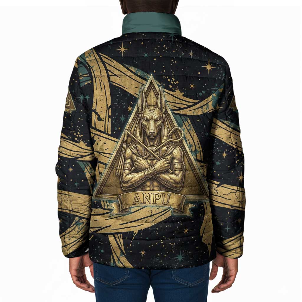Anubis Ancient Egyptian Padded Jacket with Starry Mummy Wrap Pattern, Anubis Warrior Illustration, and Pyramid - Wonder Print Shop