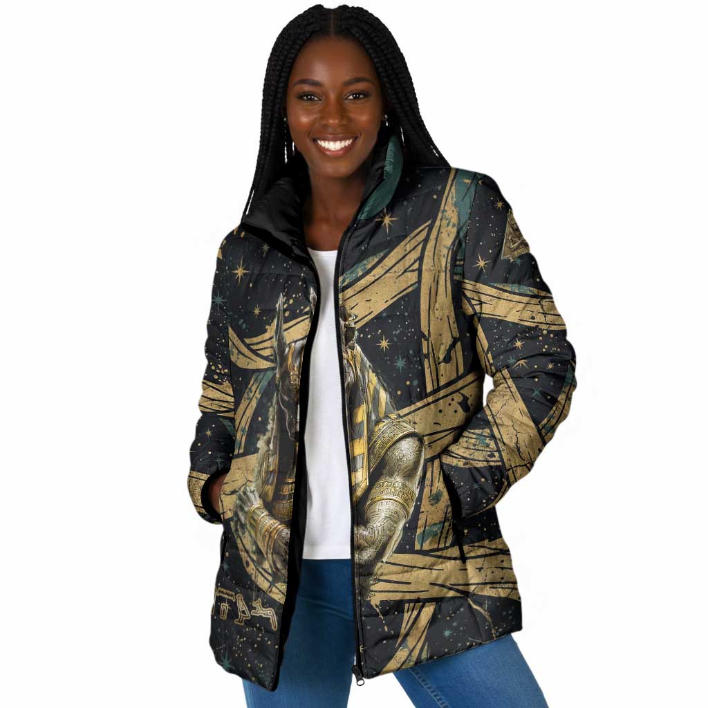 Anubis Ancient Egyptian Padded Jacket with Starry Mummy Wrap Pattern, Anubis Warrior Illustration, and Pyramid - Wonder Print Shop