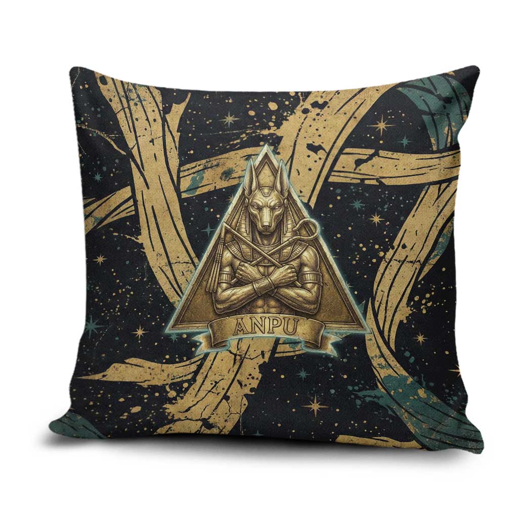 Anubis Ancient Egyptian Pillow Cover with Starry Mummy Wrap Pattern, Anubis Warrior Illustration, and Pyramid - Wonder Print Shop