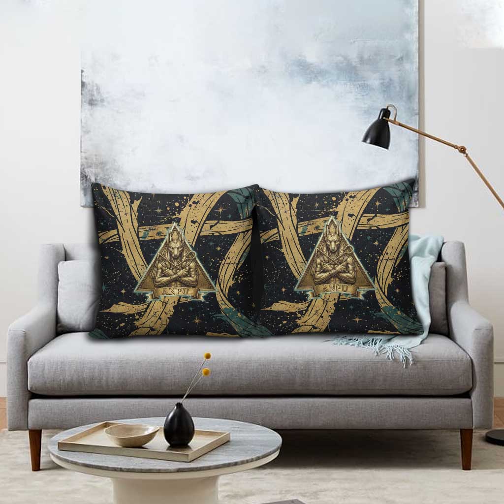 Anubis Ancient Egyptian Pillow Cover with Starry Mummy Wrap Pattern, Anubis Warrior Illustration, and Pyramid - Wonder Print Shop