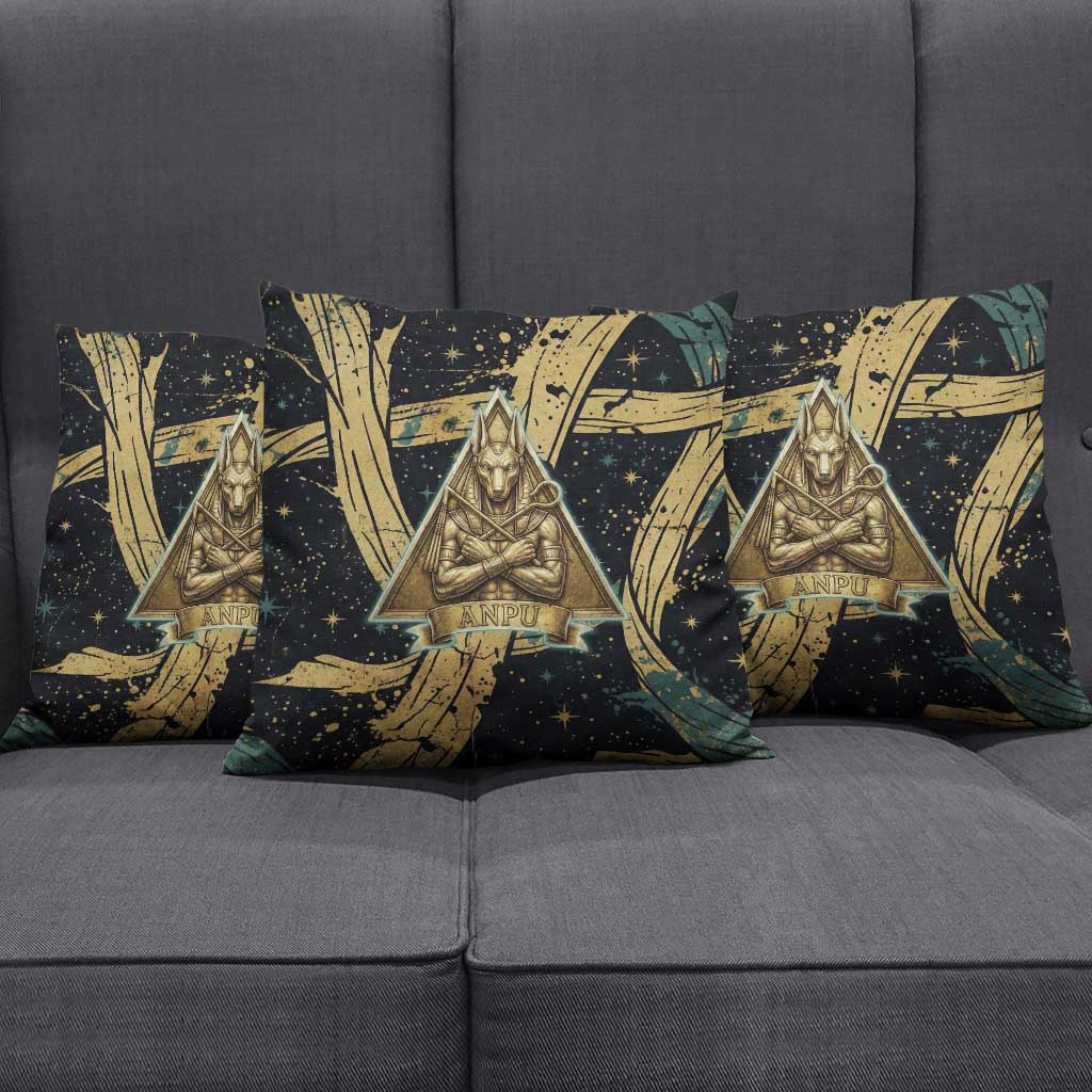 Anubis Ancient Egyptian Pillow Cover with Starry Mummy Wrap Pattern, Anubis Warrior Illustration, and Pyramid - Wonder Print Shop