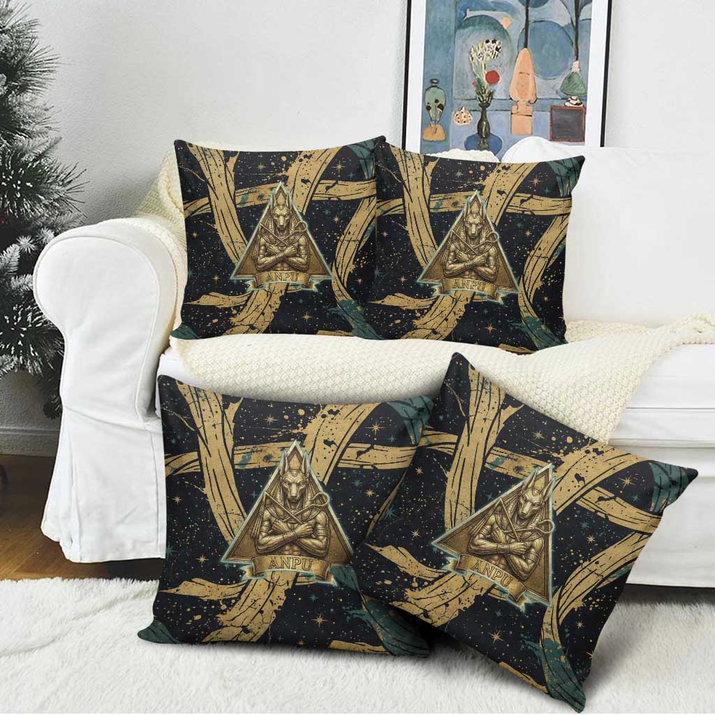 Anubis Ancient Egyptian Pillow Cover with Starry Mummy Wrap Pattern, Anubis Warrior Illustration, and Pyramid - Wonder Print Shop