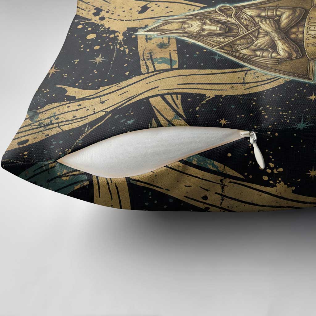 Anubis Ancient Egyptian Pillow Cover with Starry Mummy Wrap Pattern, Anubis Warrior Illustration, and Pyramid - Wonder Print Shop