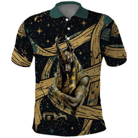 Anubis Ancient Egyptian Polo Shirt with Starry Mummy Wrap Pattern, Anubis Warrior Illustration, and Pyramid - Wonder Print Shop