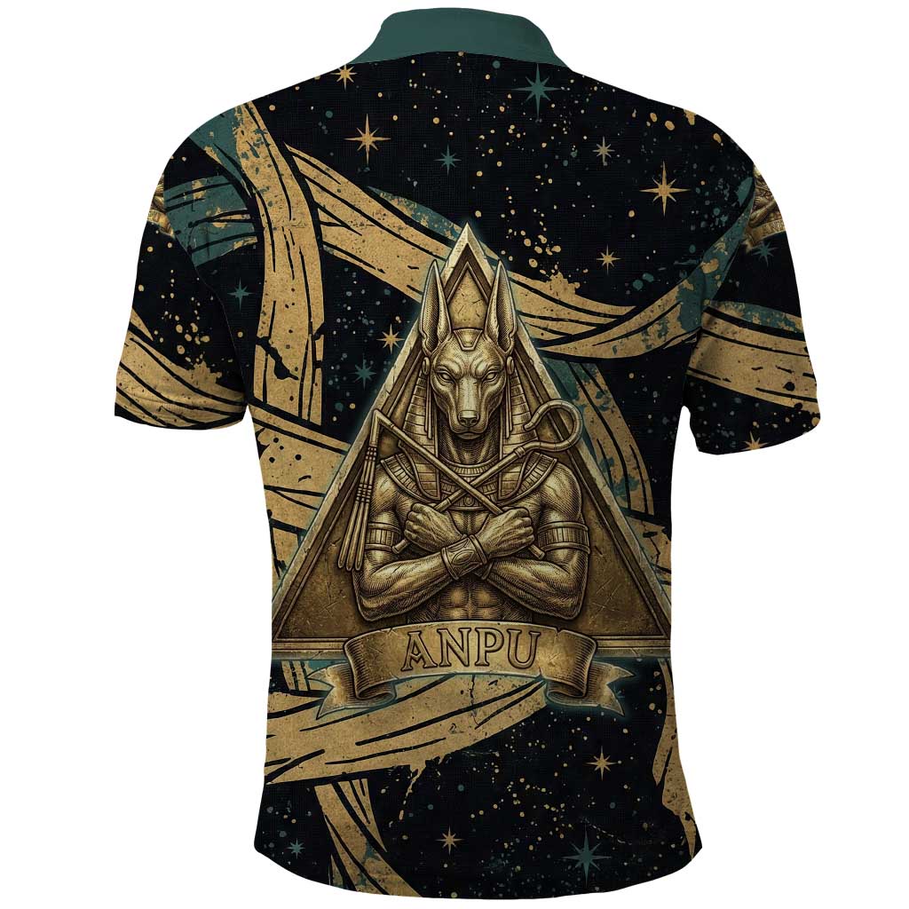 Anubis Ancient Egyptian Polo Shirt with Starry Mummy Wrap Pattern, Anubis Warrior Illustration, and Pyramid - Wonder Print Shop