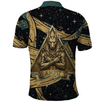 Anubis Ancient Egyptian Polo Shirt with Starry Mummy Wrap Pattern, Anubis Warrior Illustration, and Pyramid - Wonder Print Shop