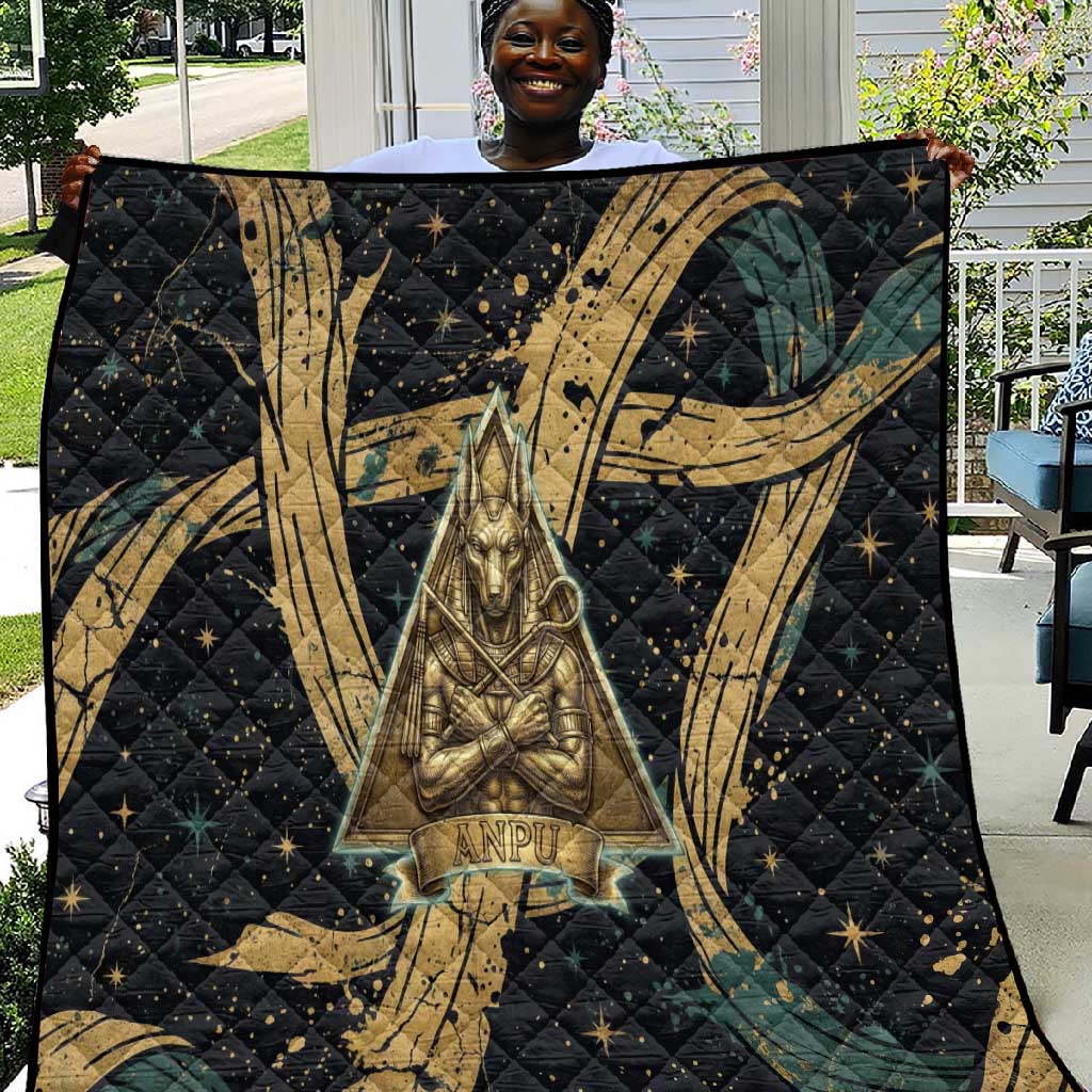 Anubis Ancient Egyptian Quilt with Starry Mummy Wrap Pattern, Anubis Warrior Illustration, and Pyramid - Wonder Print Shop