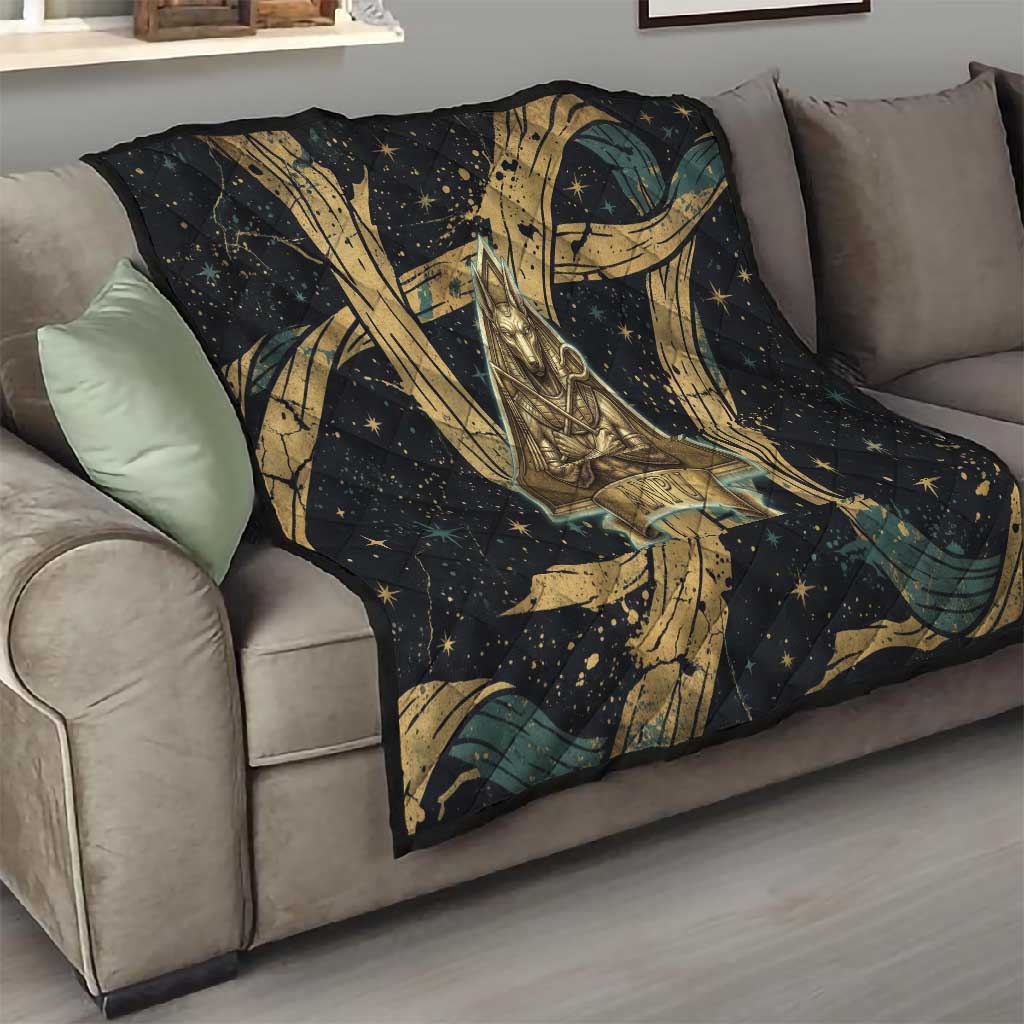 Anubis Ancient Egyptian Quilt with Starry Mummy Wrap Pattern, Anubis Warrior Illustration, and Pyramid - Wonder Print Shop