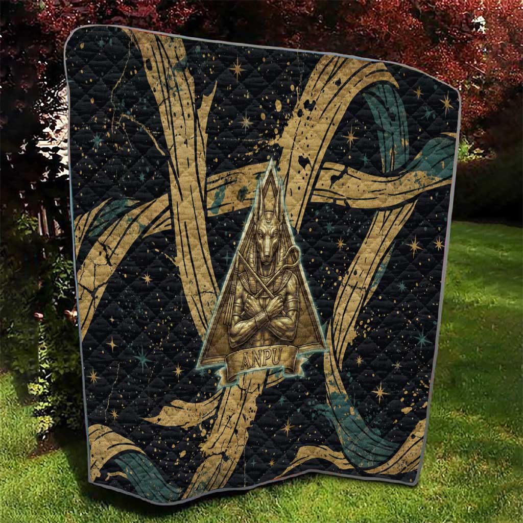 Anubis Ancient Egyptian Quilt with Starry Mummy Wrap Pattern, Anubis Warrior Illustration, and Pyramid - Wonder Print Shop