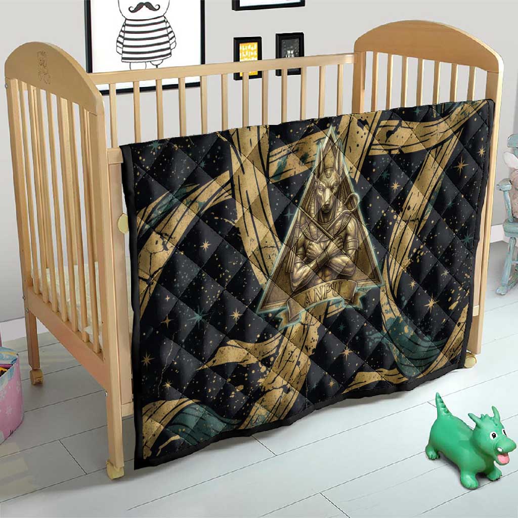 Anubis Ancient Egyptian Quilt with Starry Mummy Wrap Pattern, Anubis Warrior Illustration, and Pyramid - Wonder Print Shop