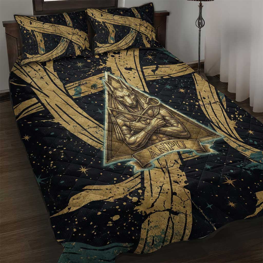Anubis Ancient Egyptian Quilt Bed Set with Starry Mummy Wrap Pattern, Anubis Warrior Illustration, and Pyramid - Wonder Print Shop