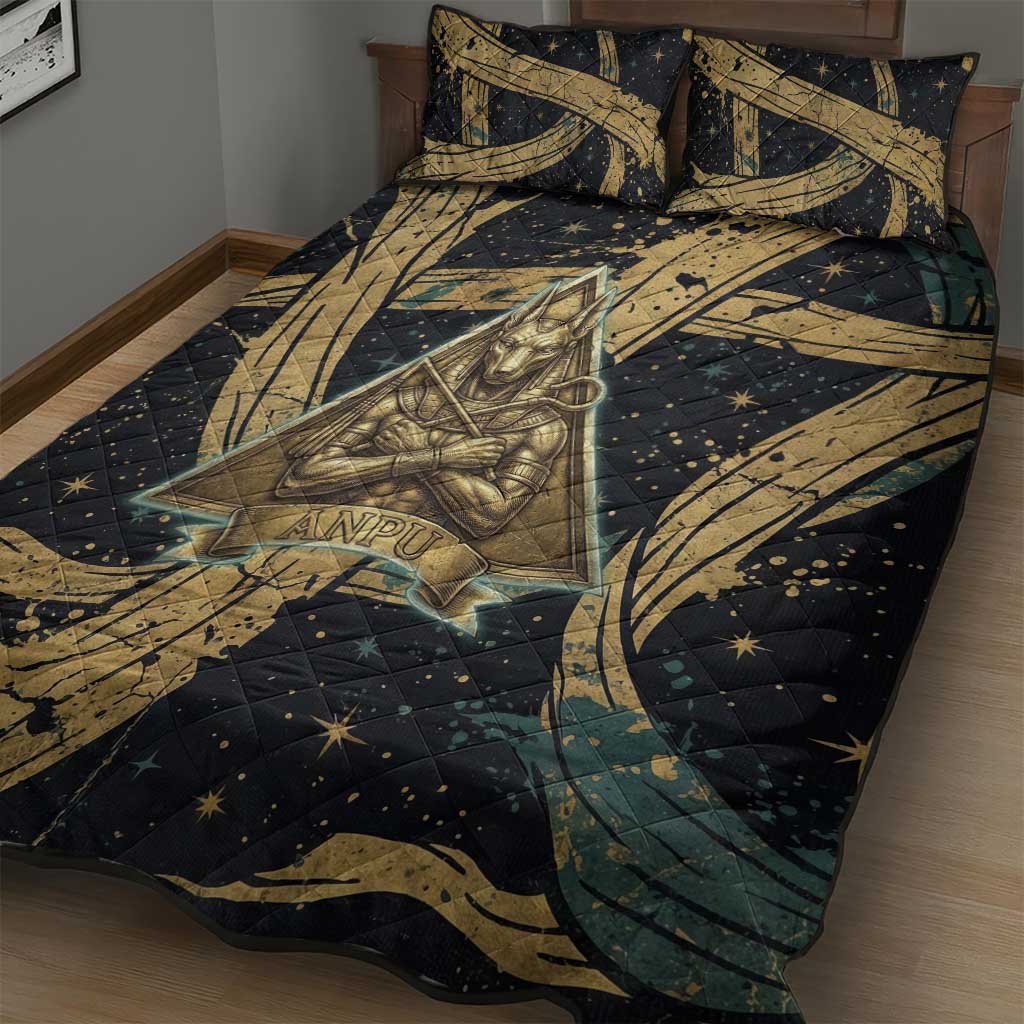 Anubis Ancient Egyptian Quilt Bed Set with Starry Mummy Wrap Pattern, Anubis Warrior Illustration, and Pyramid - Wonder Print Shop