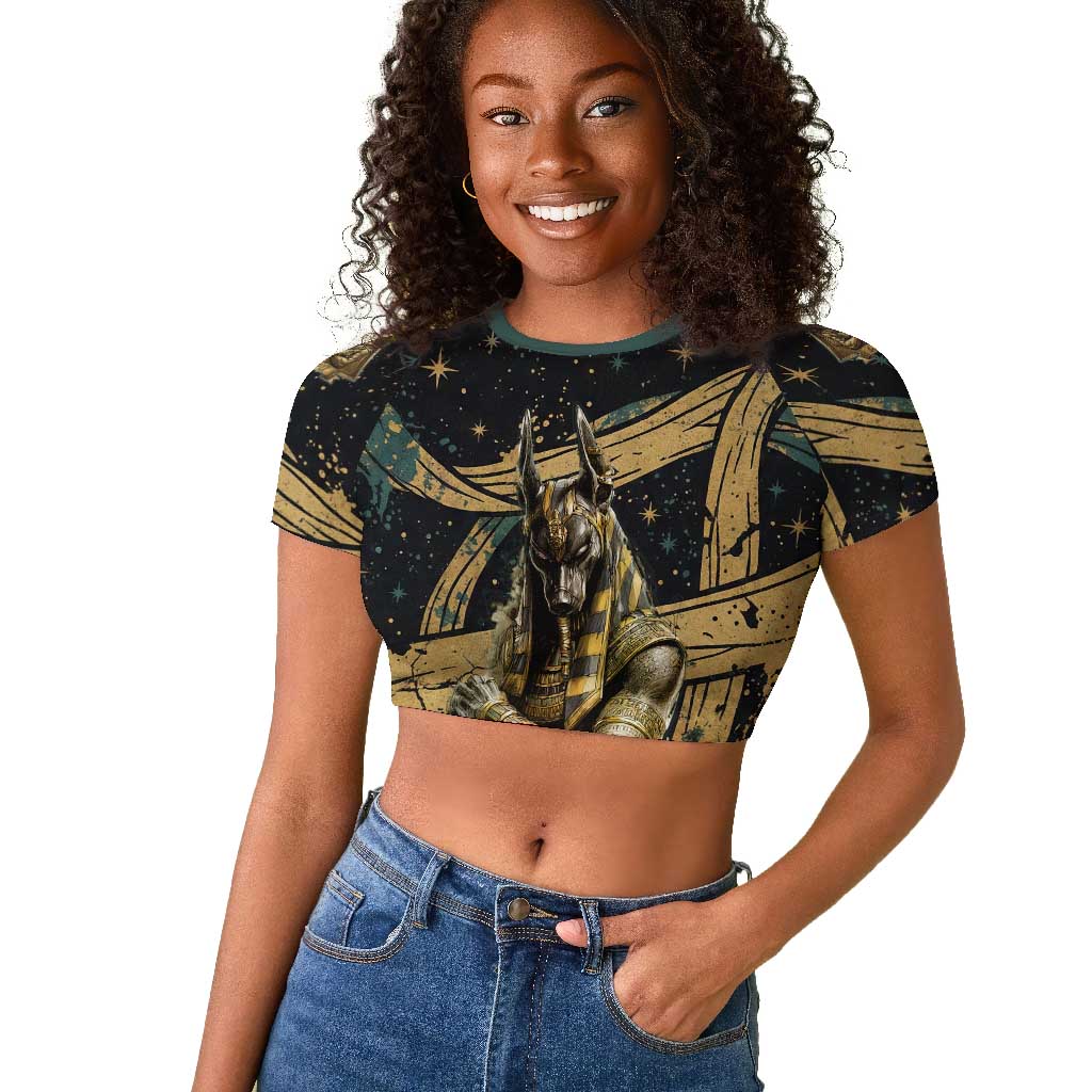 Anubis Ancient Egyptian Raglan Cropped T shirt with Starry Mummy Wrap Pattern, Anubis Warrior Illustration, and Pyramid - Wonder Print Shop