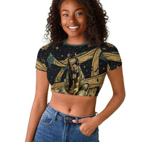 Anubis Ancient Egyptian Raglan Cropped T shirt with Starry Mummy Wrap Pattern, Anubis Warrior Illustration, and Pyramid - Wonder Print Shop