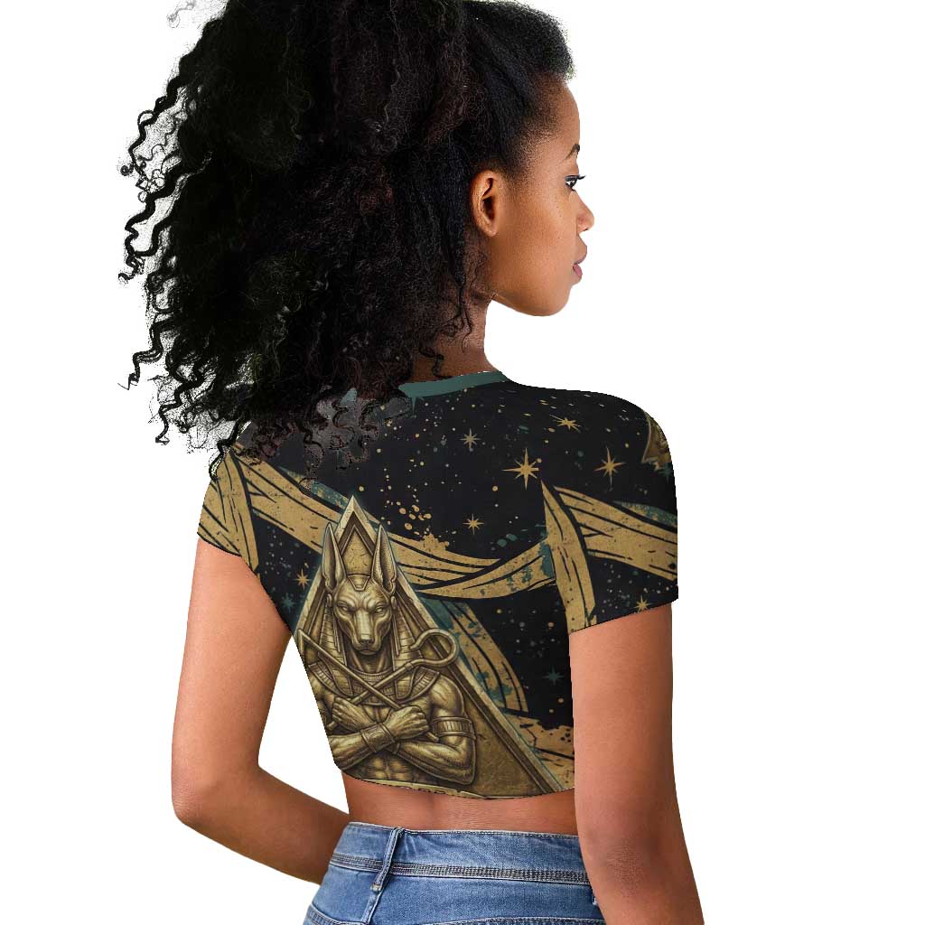 Anubis Ancient Egyptian Raglan Cropped T shirt with Starry Mummy Wrap Pattern, Anubis Warrior Illustration, and Pyramid - Wonder Print Shop