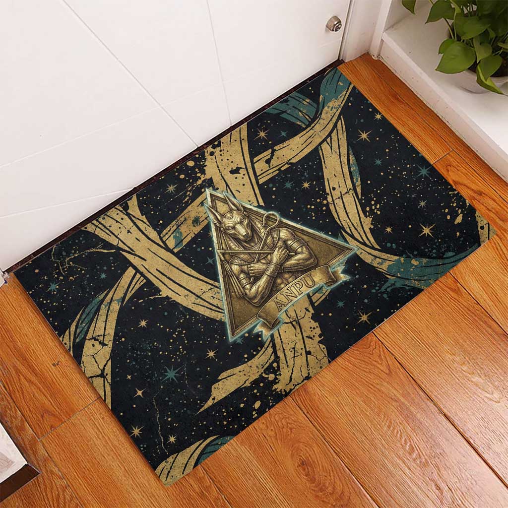Anubis Ancient Egyptian Rubber Doormat with Starry Mummy Wrap Pattern, Anubis Warrior Illustration, and Pyramid - Wonder Print Shop