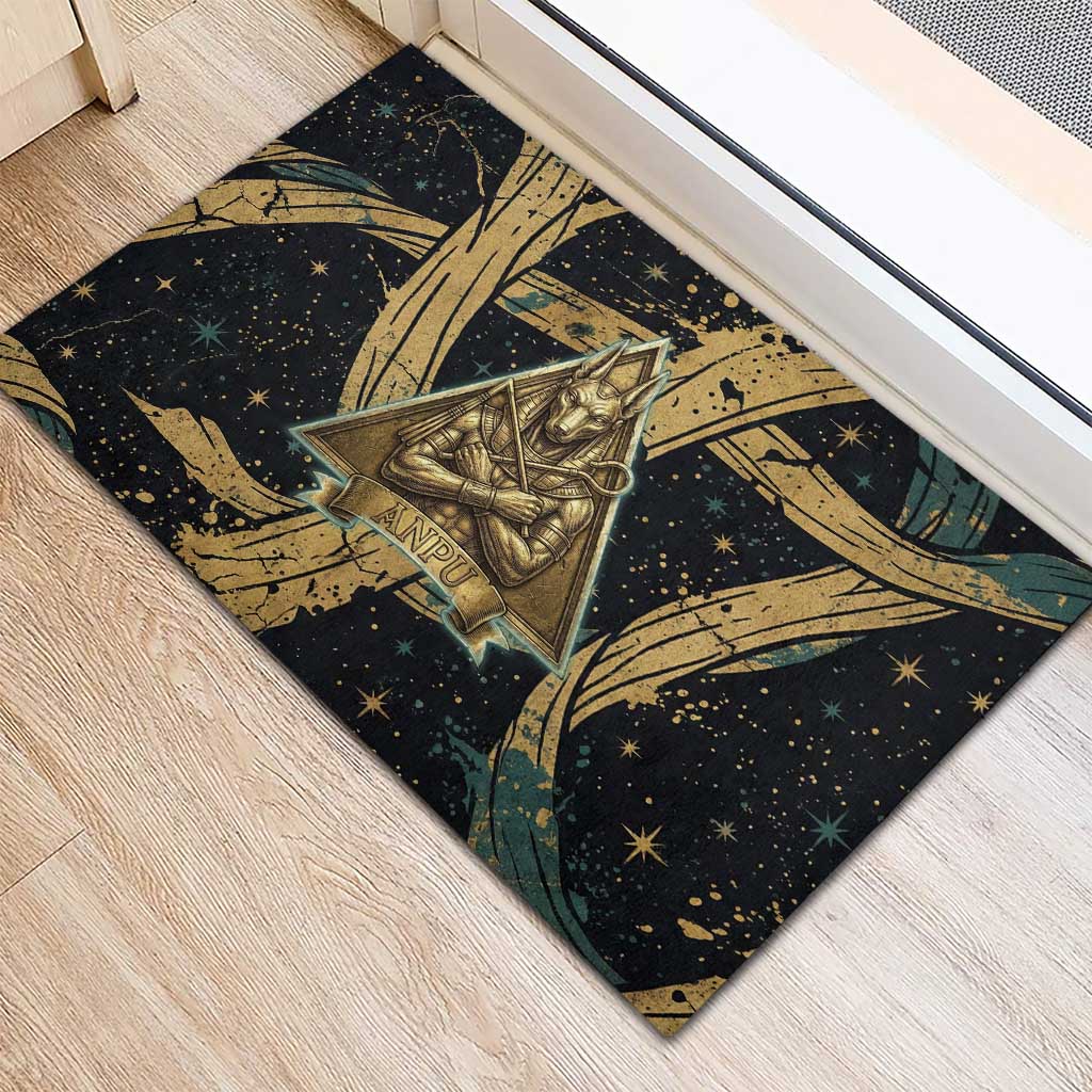 Anubis Ancient Egyptian Rubber Doormat with Starry Mummy Wrap Pattern, Anubis Warrior Illustration, and Pyramid - Wonder Print Shop