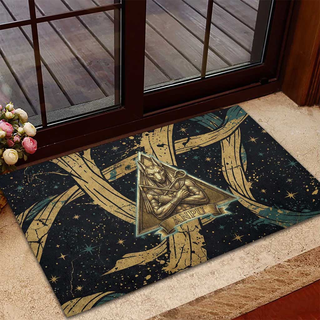 Anubis Ancient Egyptian Rubber Doormat with Starry Mummy Wrap Pattern, Anubis Warrior Illustration, and Pyramid - Wonder Print Shop