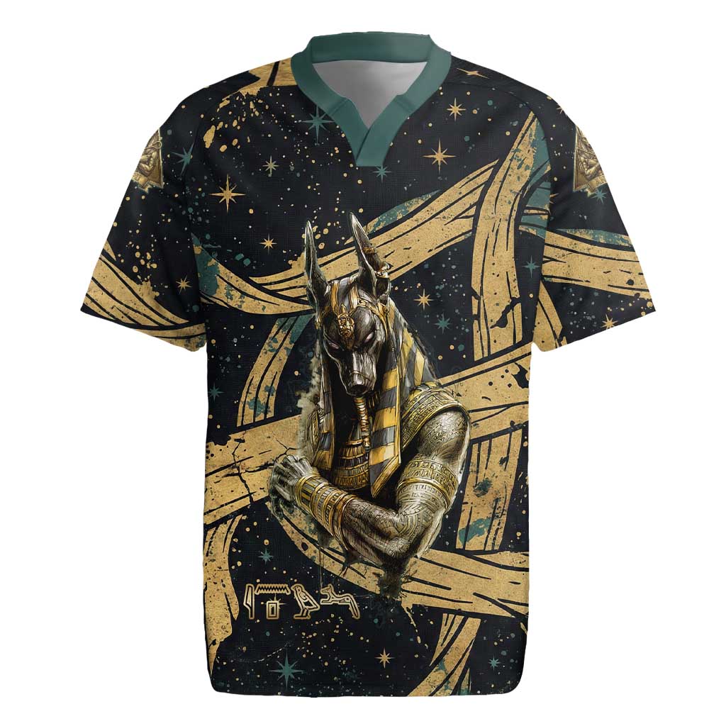 Anubis Ancient Egyptian Rugby Jersey with Starry Mummy Wrap Pattern, Anubis Warrior Illustration, and Pyramid - Wonder Print Shop