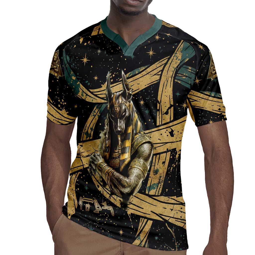 Anubis Ancient Egyptian Rugby Jersey with Starry Mummy Wrap Pattern, Anubis Warrior Illustration, and Pyramid - Wonder Print Shop