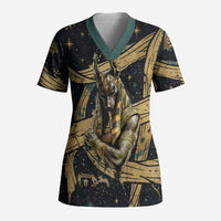 Anubis Ancient Egyptian Scrub Top with Starry Mummy Wrap Pattern, Anubis Warrior Illustration, and Pyramid - Wonder Print Shop
