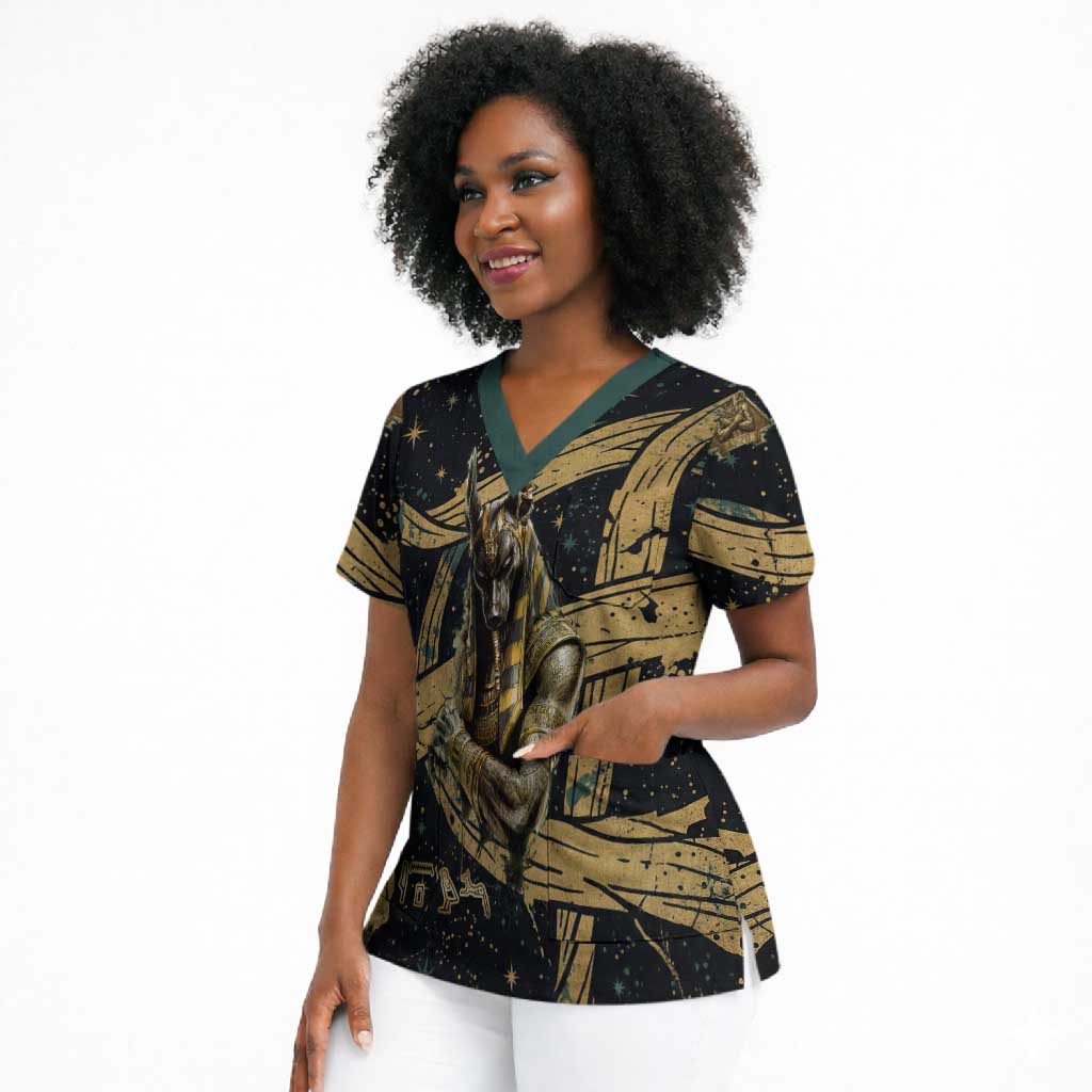 Anubis Ancient Egyptian Scrub Top with Starry Mummy Wrap Pattern, Anubis Warrior Illustration, and Pyramid - Wonder Print Shop