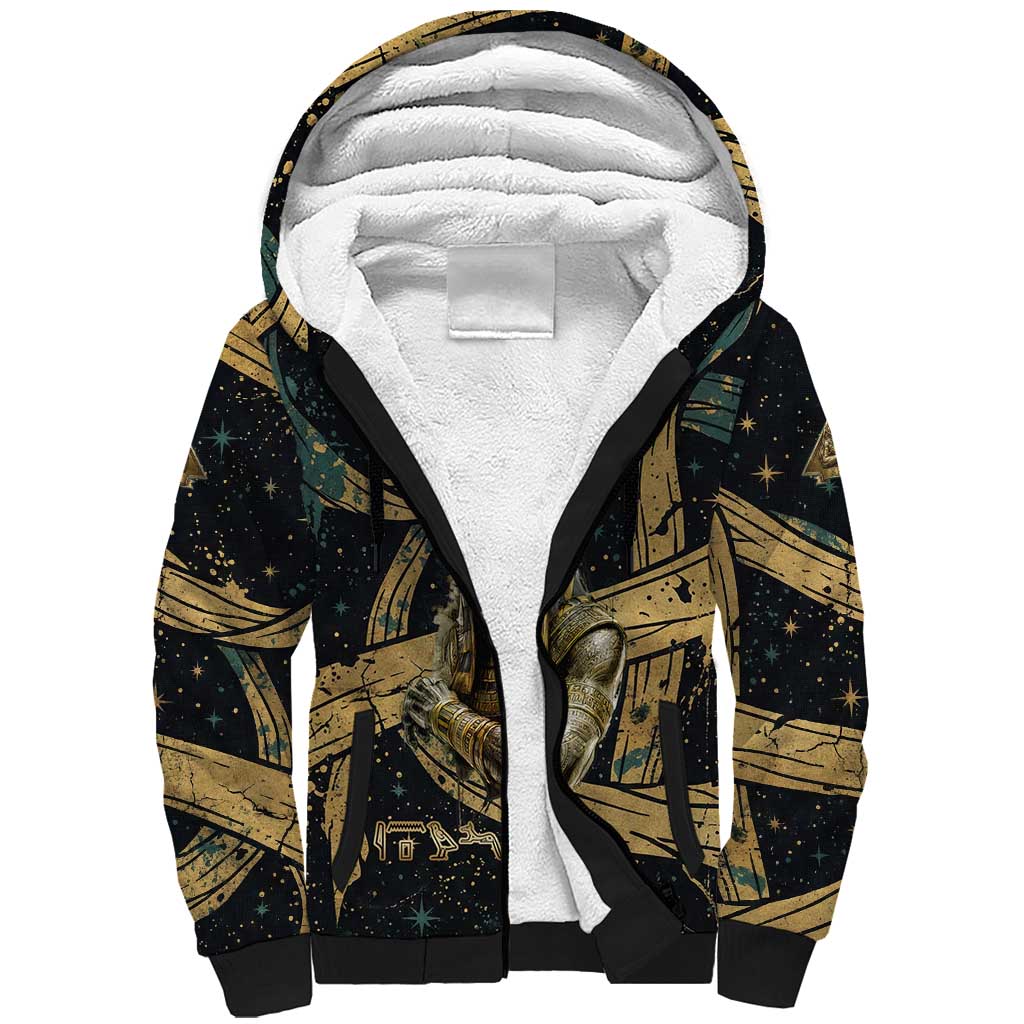 Anubis Ancient Egyptian Sherpa Hoodie with Starry Mummy Wrap Pattern, Anubis Warrior Illustration, and Pyramid - Wonder Print Shop