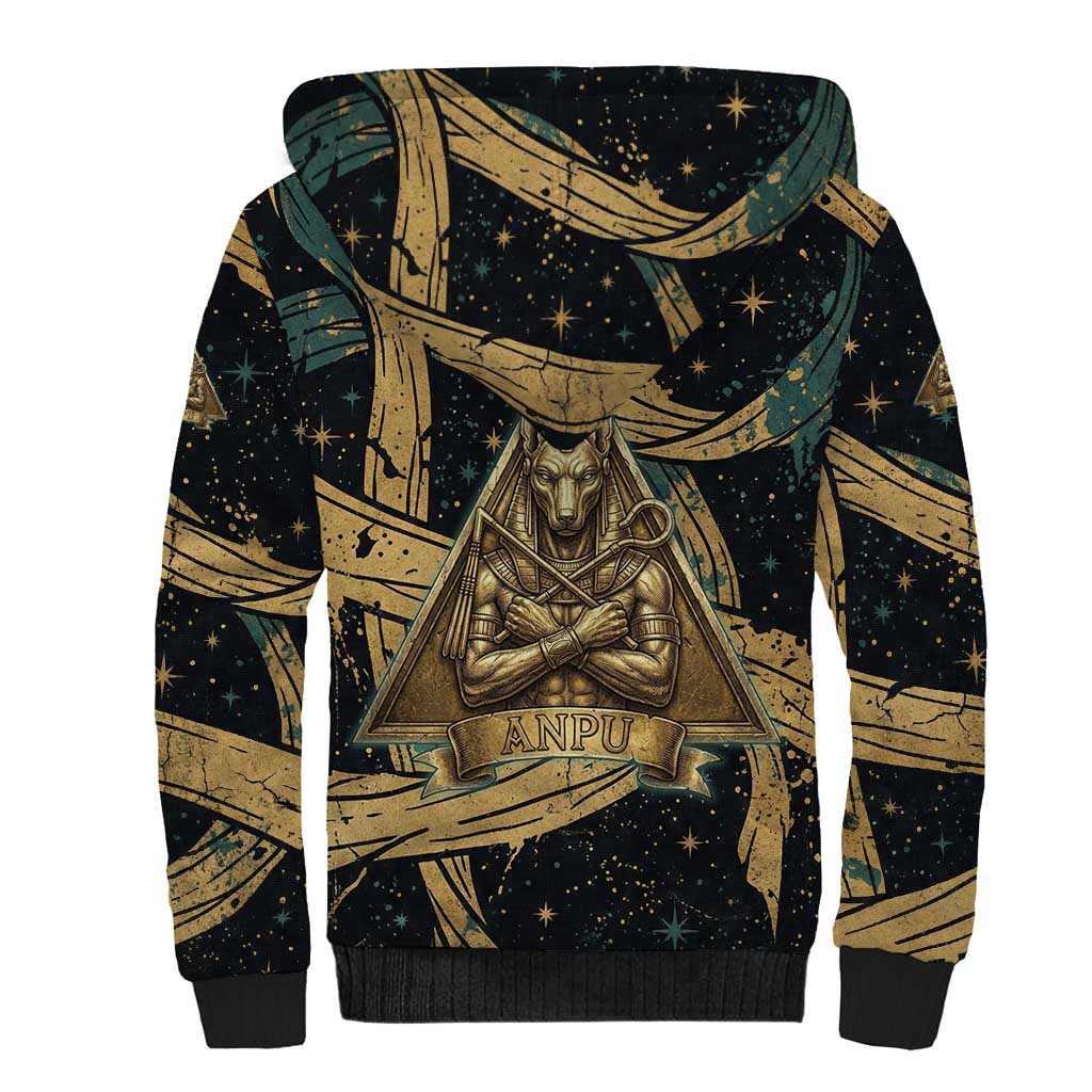Anubis Ancient Egyptian Sherpa Hoodie with Starry Mummy Wrap Pattern, Anubis Warrior Illustration, and Pyramid - Wonder Print Shop