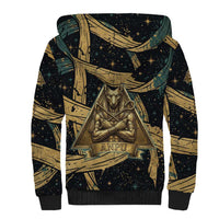 Anubis Ancient Egyptian Sherpa Hoodie with Starry Mummy Wrap Pattern, Anubis Warrior Illustration, and Pyramid - Wonder Print Shop