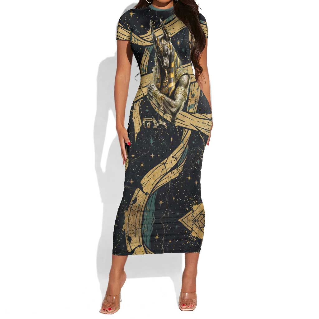 Anubis Ancient Egyptian Short Sleeve Bodycon Dress with Starry Mummy Wrap Pattern, Anubis Warrior Illustration, and Pyramid - Wonder Print Shop