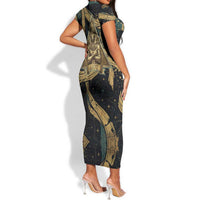 Anubis Ancient Egyptian Short Sleeve Bodycon Dress with Starry Mummy Wrap Pattern, Anubis Warrior Illustration, and Pyramid - Wonder Print Shop