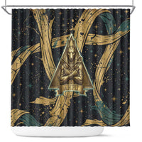 Anubis Ancient Egyptian Shower Curtain with Starry Mummy Wrap Pattern, Anubis Warrior Illustration, and Pyramid - Wonder Print Shop
