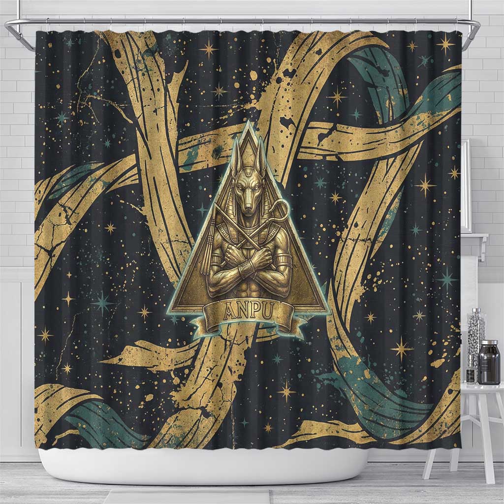 Anubis Ancient Egyptian Shower Curtain with Starry Mummy Wrap Pattern, Anubis Warrior Illustration, and Pyramid - Wonder Print Shop