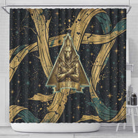 Anubis Ancient Egyptian Shower Curtain with Starry Mummy Wrap Pattern, Anubis Warrior Illustration, and Pyramid - Wonder Print Shop